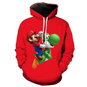 Mario Hoodie &#8211; Mario and Yoshi Red 3D Full Print Drawstring Hooded Pullover Sweatshirt
